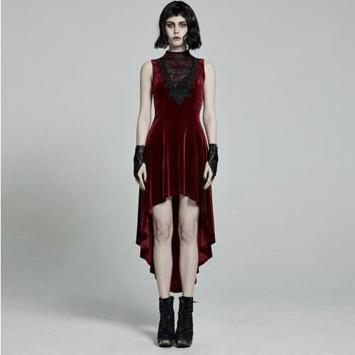 PUNKRAVE Womens Gothic Sexy Retro Sleeveless Dress Gorgeous Irregular Hem Elastic Knitted Velvet Prom Party Half Dress