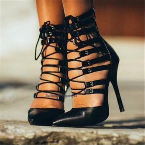 Luxury Black Leather Cut-out High Heel Lace Up Ankle Boots Women Thin High Heeled Pointed Boots Short Botas Pumps