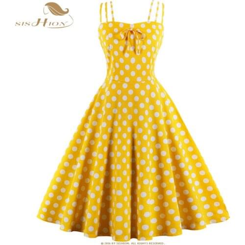 SISHION Polka Dot Yellow Dress 2021 Women Summer Sexy Large Swing Cotton 50s 60s Pin Up Rockabilly Dress VD0720