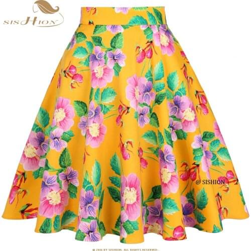 SISHION Hepburn Cotton Falda Harajuku Vintage Skirt VD0020 50s 2021 Summer Jupe Femme A Line Women Orange Floral Skirt