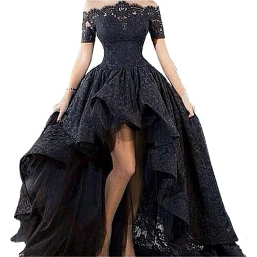 2020 Vintage Black Full Lace High Low Wedding Dress A Line Off Shoulder Bateau Gothic Boho Beach Bride Dresses Wedding Gowns
