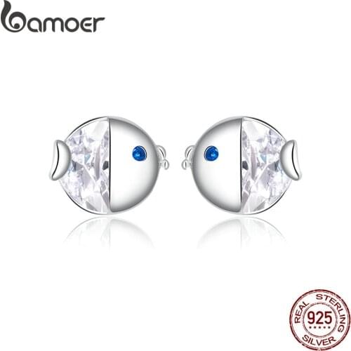 Bamoer Crystal Kissing Fish Stud Earrings for Women Ear Studs Jewelry for Girls Kids Birthday 925 Sterling Silver Jewelry BSE204