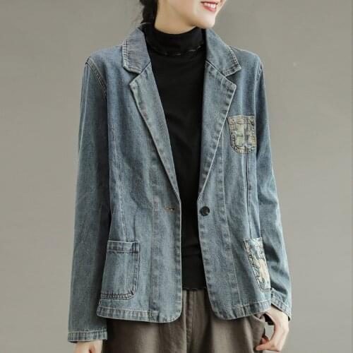 Johnature Women Denim Patchwork Suit Coat Tailored Collar Long Sleeve Button Pocket Print Tops 2021 Autumn New Vintage Coats