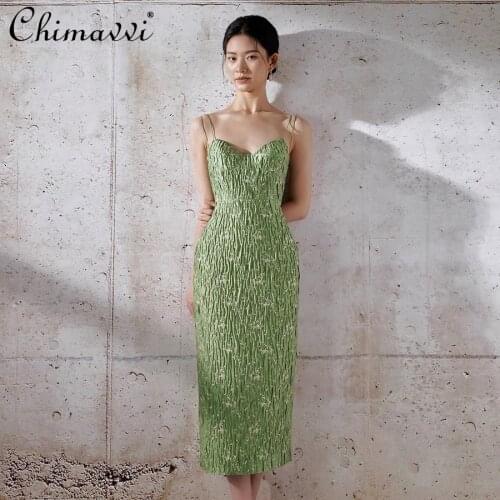 Womens Fashion Elegant New Slash Collar Sleeveless Three-Dimensional Patterns Green Camisole Dress Slimming Sexy Strap Dress