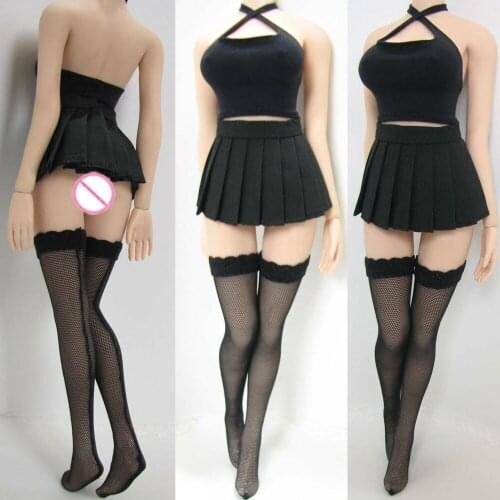 1:6 Scale Female Black Halter Tops&Dress&Stocking Clothes Set PL98 for Female Seamless Body Large Bust PHICEN Doll Toys Acc
