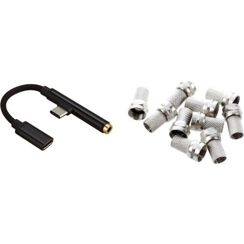 10 Pcs Twist-On RG6 RG-6 F TV Connector No Crimping & 1 Pcs Type-C to USB-C 3.5mm Jack Aux Earphone Cable Adapter