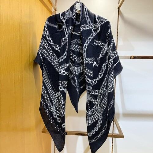 70% Cashmere 30% Silk Scarf Women Vintage Chain Print Shawl Stole Winter Warm Big Kerchief Bandana 135*135cm