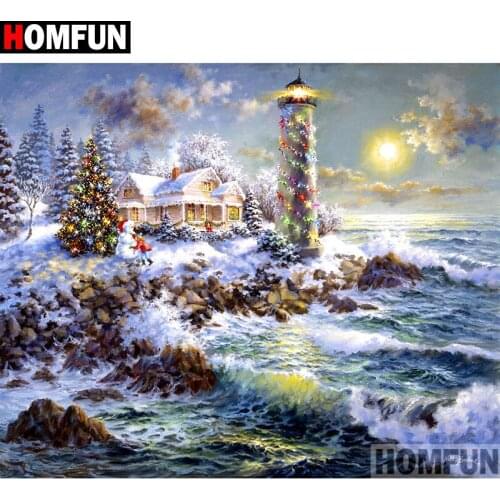 HOMFUN Full Square/Round Drill 5D DIY Diamond Painting "Lighthouse snow scene" Embroidery Cross Stitch 3D Home Decor Gift A11052