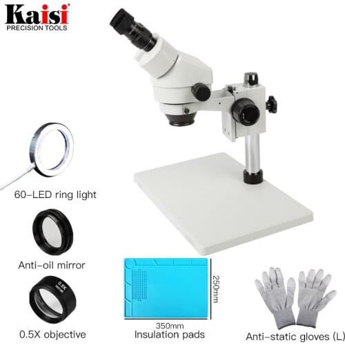 Binocular Industrial Stereo Microscope 7-45X Continuous Zoom with big size metal stand Includes 0.5X Objective LED Ring Light