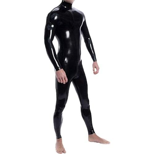 Handmade Male Black Latex Bodysuit Rubber Catsuit with Shoulder Zipper Back Crotch Zipper Custom Jumpsuits Men Cosplay Costumes