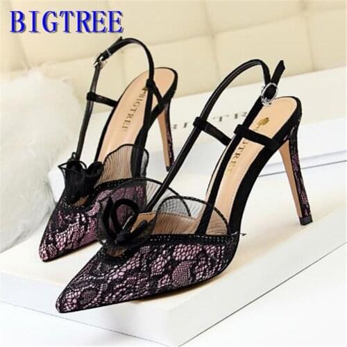 BIGTREE 9CM Sexy Floral Lace High Heels Sandals Women Cut-Outs Buckle Party Sandals Shallow Ladies Pointed Toe Pumps Back Strap