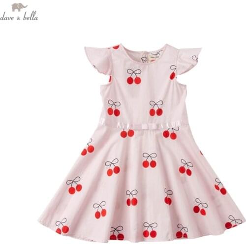 DKY17992 dave bella summer girls 5Y-13Y fashion cartoon cherry print dress children sweet dress kids infant lolita clothes