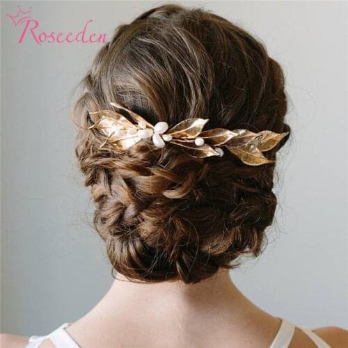 Elegant Gold Bride Hair Combs Pearls Bridal Hair Accessories Wedding Headdress Womens Headwear RE4158
