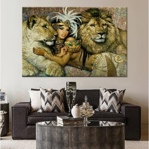 Indian Princess And Lion Canvas Painting Beauty And The Beast Retro Poster Living Room Bedroom Wall Art Decor Painting Pictures