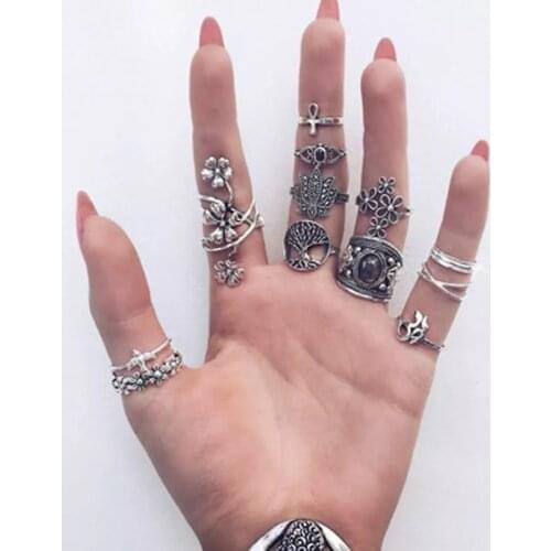 Docona Bohemia Lotus Rose Flower Rings for Women Black Stone Metal Alloy Knuckle Midi Ring Set Jewelry Anillos 14pcs/set 6391