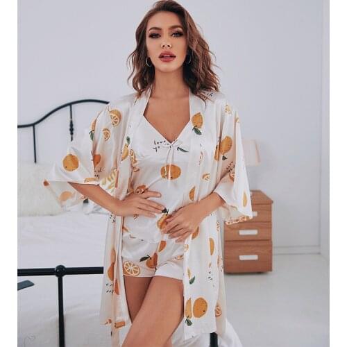Summer Ice Silk Sling Top Shorts Robe Womens Pajamas Set Ladies Sexy V Neck 3Psc Sleepwear Suit Satin Kimono Pijama Home Clothes