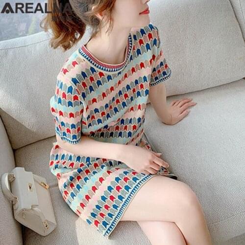 Cute Summer Knitted Floral Mini Dress Women Short Sleeve Stitch Womens Dresses 2021 Korean Fashion Party Tunic Casual Clothes