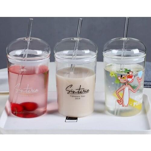 Fashion design glass straw mug,creative glass cup,transparent heat-resistant glass mugs milk cup with lid christmas mug Gift