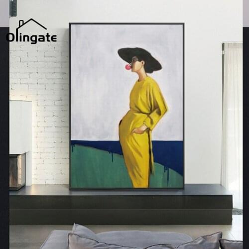 Fashion Woman Wear a Hat Canvas Painting Woman with Yellow Dress Green Background Wall Art Posters for Bedroom Home Decoration