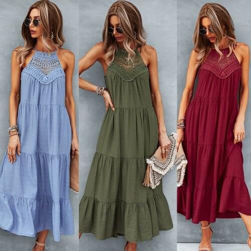 Summer Fashion Halter Sleeveless Dress Solid Color Stitching Bohemian Style Hollow Long Skirt Beach Dress -40