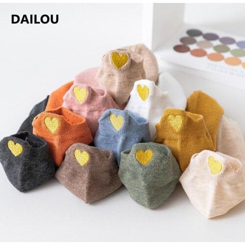 New Embroidery Love Women Socks Harajuku Cartoon Cute Heart-shaped Ankle Socks Colorful Happy Funny Girl Kawaii Cotton Boat Sock