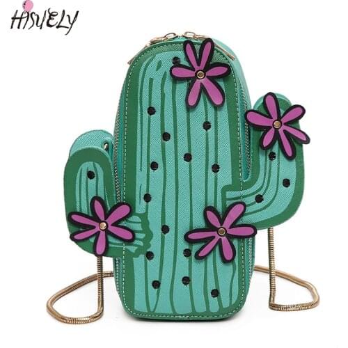 2021 New Cute Green Cactus Shape Embroidery Flowers Mini Chain Shoulder Bag Ladies Handbag Flap Purse Crossbody Messenger Bag Q5