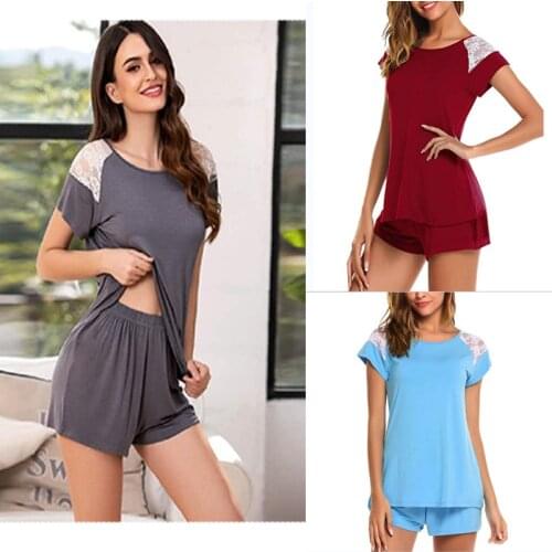 Spring and Summer New Womens Pajamas Round Neck Lace Casual Home Wear Pajamas for Women Sleepwear Pijamas Women Sleep Tops