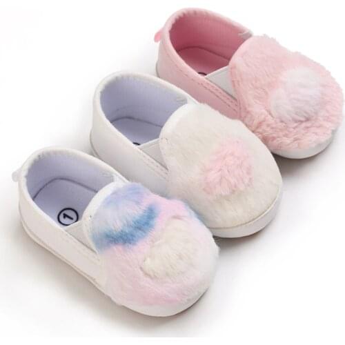 Infant Baby First Walking Shoes Non-Slip Soft Sole Heart Pattern Plush Crib Shoes