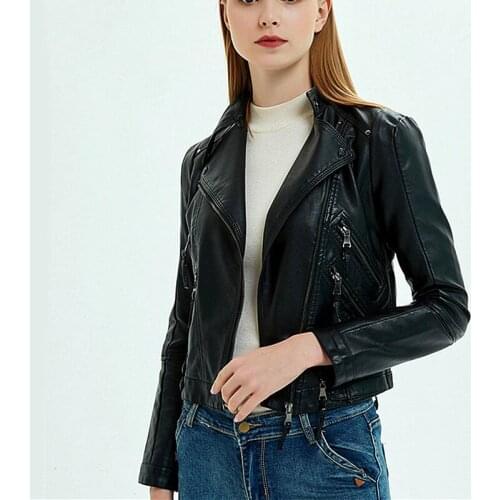 Autumn Black Faux Slim Motorcycle Leather Jacket Women Ladies Biker Short Zipper Soft Faux PU Leather Jackets Woman Fashion Coat
