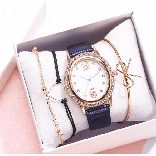 Oval Dial Woman Watches 4Pcs Set Snakeskin-Pattern Leather Female Wristwatch Diamond Ladies Bowknot Heartshape Bracelet reloj
