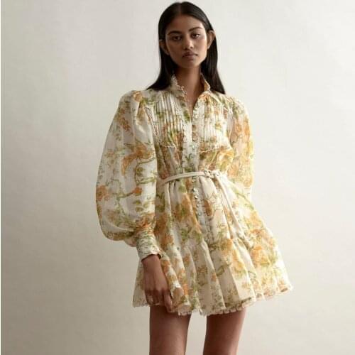 2021 New Silk Linen Dress Stand Collar Lantern Sleeve Waist Lace Up Pastoral Dress