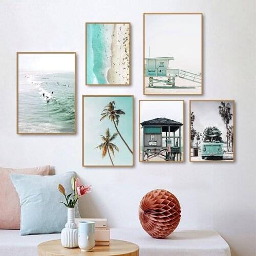 Palm Tree Travel Poster Retro Bus Canvas Painting Surfing Nordic Art Print Beach Modern Wall Picture For Living Home Room Decor