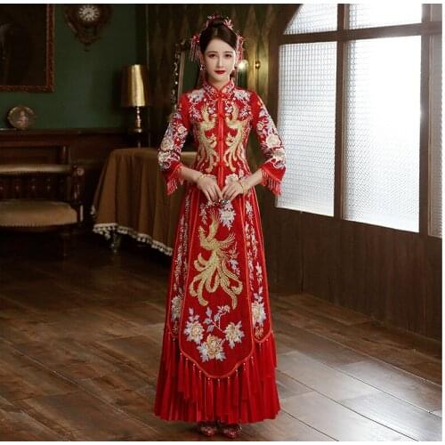 Plus Size 6XL New Chinese Women Wedding Dress Exquisite Embroidery Cheongsam Chinese Style Bride Costume Elegant Marriage Set