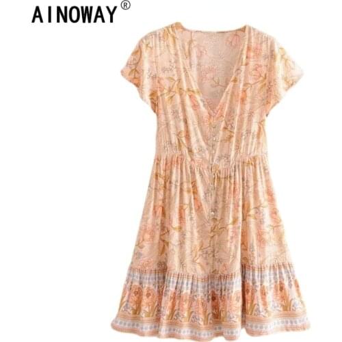 Vintage chic women peacock floral print deep V-neck Bohemian mini dress Ladies short sleeve Boho happie dresses vestidos