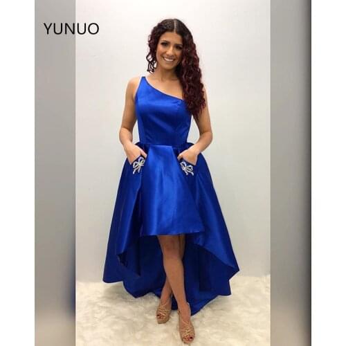 YUNUO 2021 Satin A-line One Shoulder Prom Dresses High Low Satin Formal Evening Gowns with Pockets Vestido de Festa Party