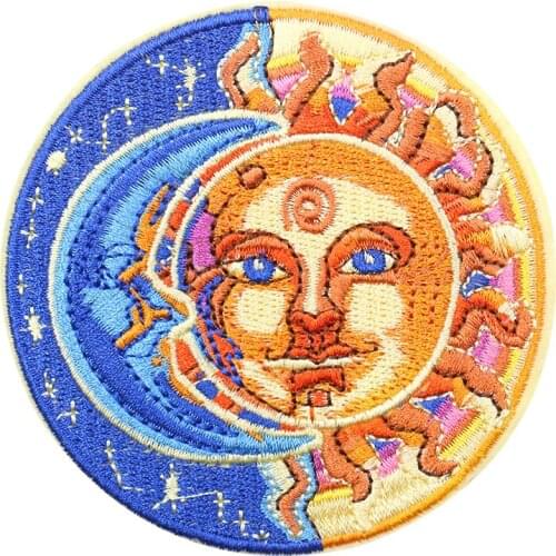 2PCS Round Sun Moon Patches Iron on Patches for Clothes Sew on Fabric Badge Embroidery Applique DIY Apparel Fabric Accessories