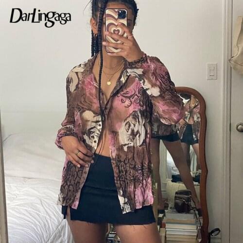 Darlingaga Fashion Printed Y2K Aesthetic Long Sleeve Blouse Women Fairy Grunge Buttons Up Autumn Shirt Top Retro Loose Blouses
