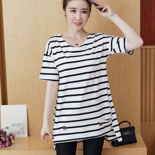 Fashion Korean Casual T Shirt Tops Summer Womens T-shirts Stripe o-Neck Short Sleeve Lady Loose T-shirt Top Women Clothing Y679