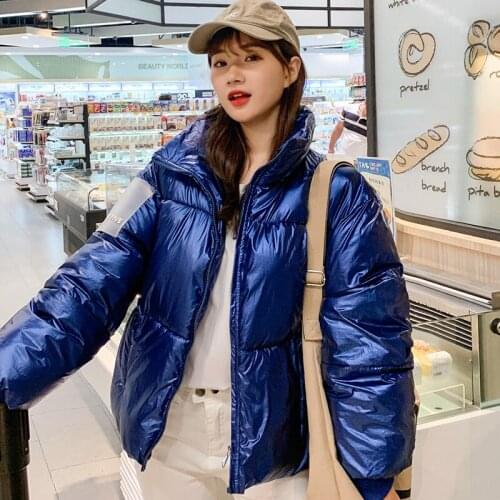 Fad Winter Womens Puffer Jacket Shiny Plus Size Loose Female Cold Coat Stand Collar Glossy Thick Solid Casual Woman Parkas
