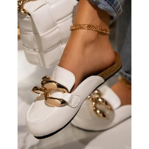 Women Luxury Trend Slippers Fashion Mules Golden Metal Chain Decoration Flat Outdoor Celebrities Elegant Shoes Ladies Female