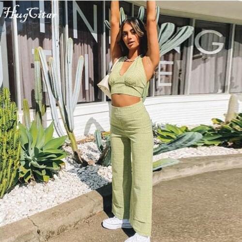 Hugcitar 2021 Sleeveless Halter Backless Plaid Sexy Tank Crop Top Pants 2 Pieces Set Summer Sexy Women Streetwear Outfits Y2K