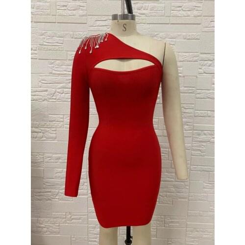 High Quality Summer New Women Sexy One Shoulder Diamonds Tassel Mini Bandage Dress Celebrity Designer Runway Party Dresses
