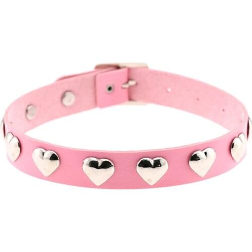 Sexy Gothic Pink PU Leather Necklaces for Women Heart Spike Rivet Chokers Necklace Pendant Collar Club Gifts Girl Jewelry emo