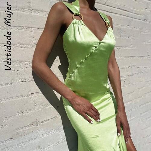 Vestidos Mujer Green Breasted Straps Halter Sexy Split Midi Summer Dress Women 2021 Holiday Sleeveless Elegant Club Party Dress