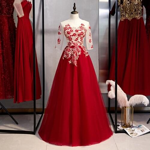 Bespoke Occasion Dresses Illusion O-Neck Half Beading Embroidery Tulle Lace Up Luxury Red Vintage Lady Formal Evening Gown HB184