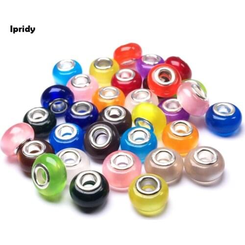 20pcs/lot 14MM Mixed Resin Opal Silver Beads Natural Cat Eye Stone Murano European Czech Bead Fit For Charms Bracelet