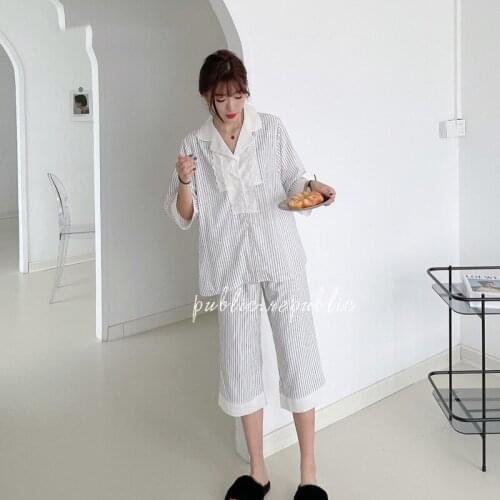 2021 New Spring Summer Korean 3/4 Sleeve Lace Sexy Pajamas Sets Womens Loose Comfortable Nightwear Home Wear Sleepwear Thin