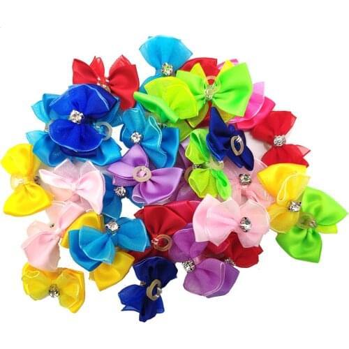30 Pcs/Lot Dog Hair Rubber Bands Mix Color Bowknot With Diamond Pet Grooming Accessories Puppy Dog Hair Bows Rubber Bands Gift