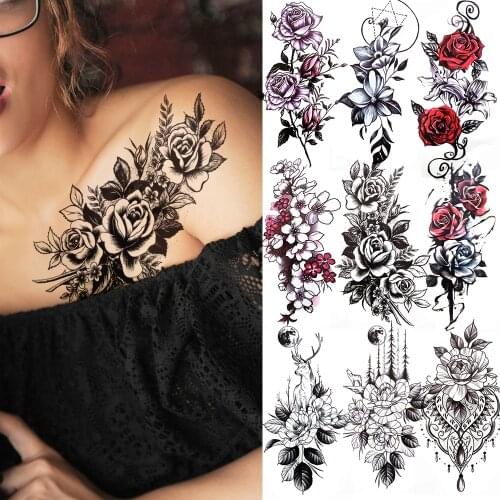 3D Peony Rose Lily Tatto Sticker For Women Girl Black Flower Lace Fake Tattoos Mekeup Chains Body Temporary Tatoos For Arm Leg