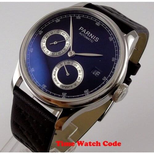 43mm PARNIS ST 2530 Automatic Mens Watch Black dial Luxury Date window Power Reserve mental hands black leather strap polished